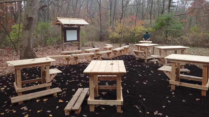 Stroud Water Research Center's outdoor classroom with tables, benches, and a white board.