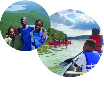 Young people on a mountaintop and canoeing on a reservoir, enjoying the outdoors.