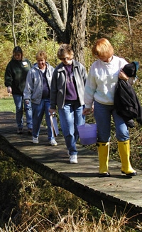 Teachers cross a bridge during a stream study.