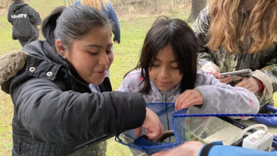 Two girls look at a small fish caught in a creek.