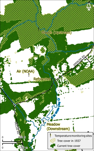 A map of the White Clay Creek watershed near Stroud Water Research Center showing the forested, reforested, and meadow reaches.