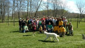 A large group of volunteers and a dog at a tree planting event.